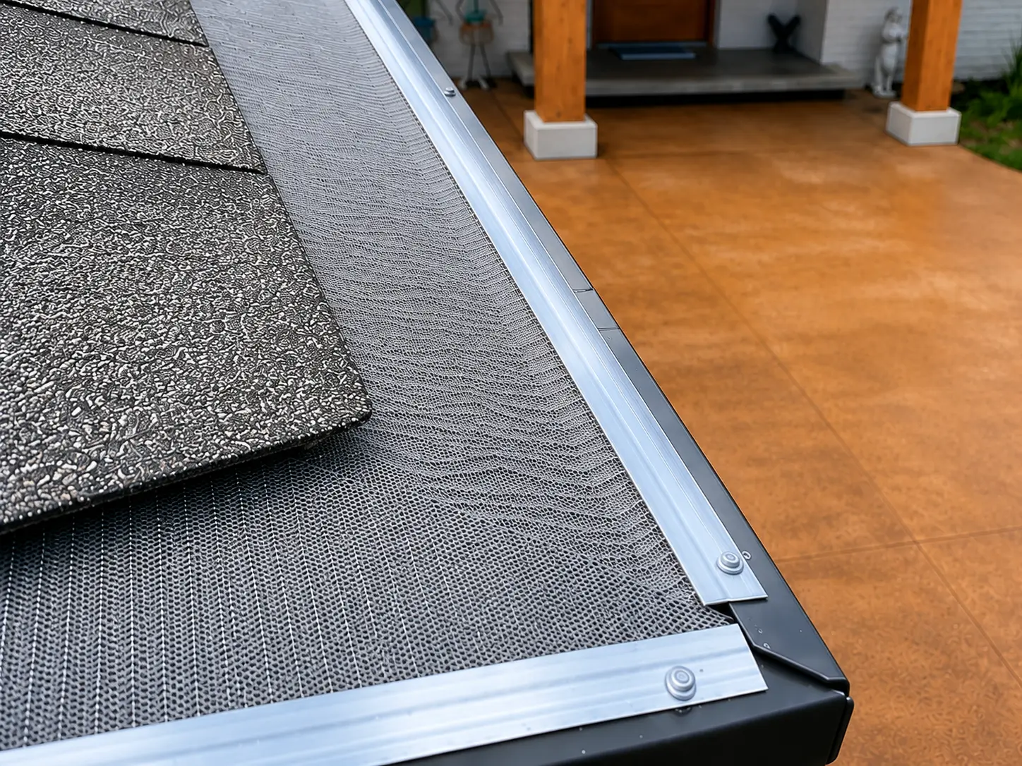 Leaf Blaster micro-mesh leaf guard secured along a dark gutter