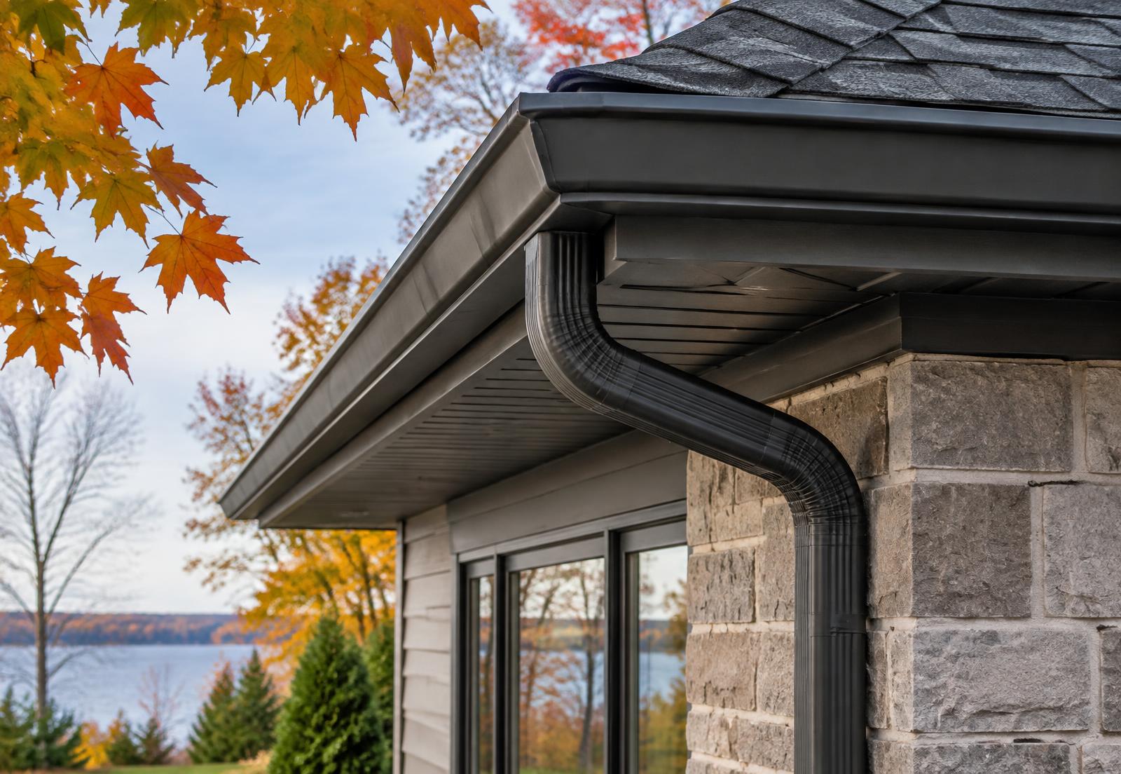 Black gutter and downspout beside autumn leaves