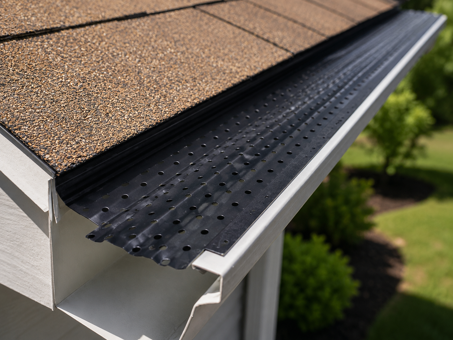 Leaf Exterminator leaf guard system along a white gutter
