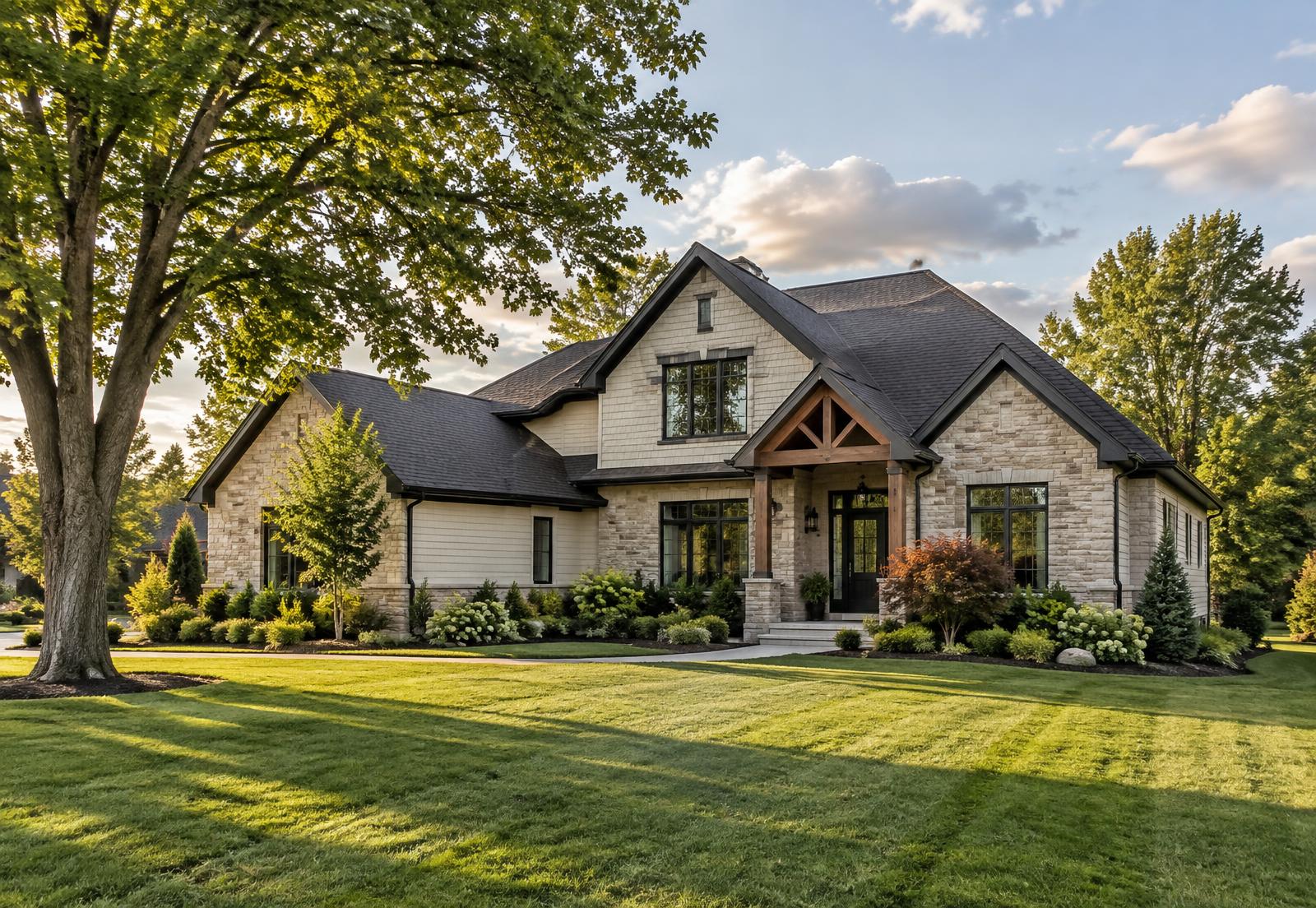 Northeast Indiana home with black gutters
