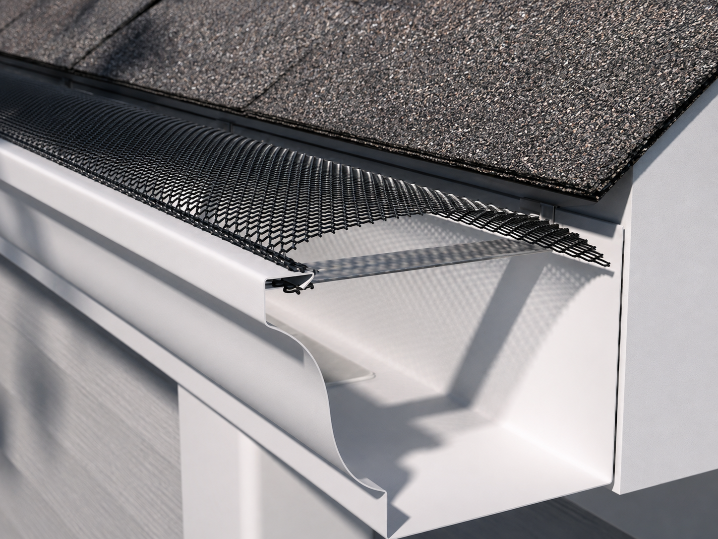 Easy Lock Leaf Guard arched screen clipped into a white gutter
