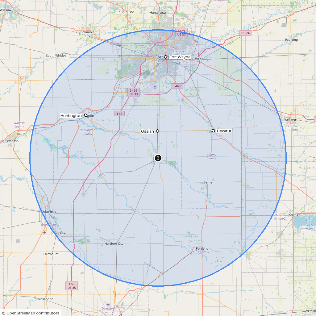 Map of the 30-mile service radius centered on Bluffton, Indiana, covering Fort Wayne, Huntington, Ossian, and Decatur